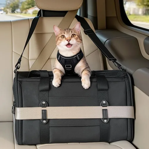 Miniatura 17 de PETSFIT Transportador de gatos de lados suaves con hebillas de seguridad patentadas, cremalleras bloqueables y correa de seguridad, transportador
