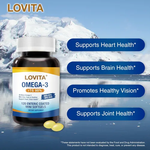 Miniatura 8 de LOVITA Suplemento de aceite de pescado Omega-3 de 2000 mg para hombres y mujeres, 120 mini cápsulas blandas, alta absorción rTG con EPA y DHA