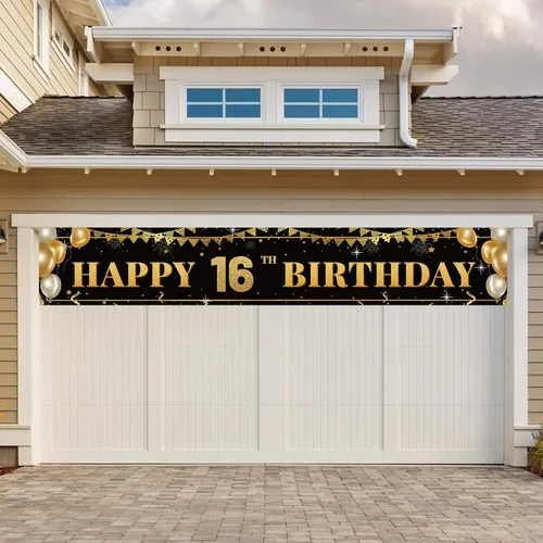 Miniatura 6 de Cartel grande de decoración de cumpleaños número 16, cartel de feliz cumpleaños número 16 negro y dorado, suministros de decoración de fiesta