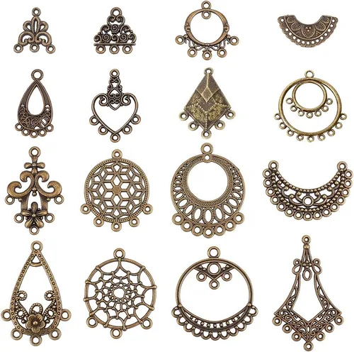 Miniatura 8 de SUNNYCLUE 1 caja de 64 piezas surtidas de lámparas de araña, estilo tibetano, bronce antiguo, atrapasueños, aretes, hallazgos, bucles, conectores