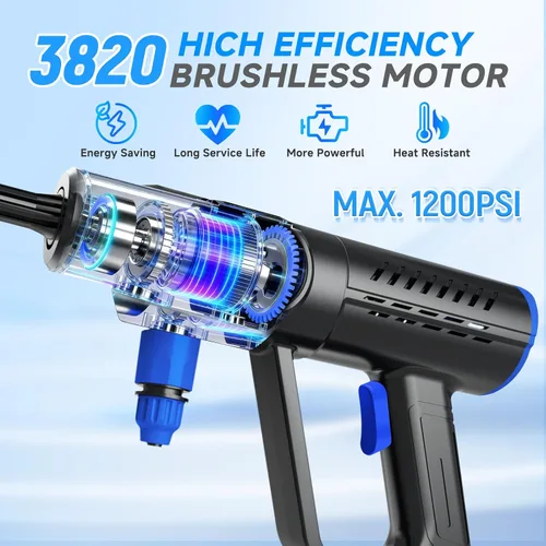 Miniatura 5 de Lavadora a Presión Inalámbrica Alimentada por Batería, Lavadora de Energía de 1200 PSI Portátil Sin Escobillas con Boquilla 6 en 1, Manguera de 5m