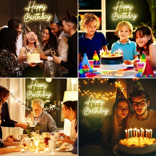 Miniatura 2 de Letrero de neón de feliz cumpleaños, luz regulable, funciona con USB, lindo letrero de neón blanco cálido para colgar en la pared de fondo