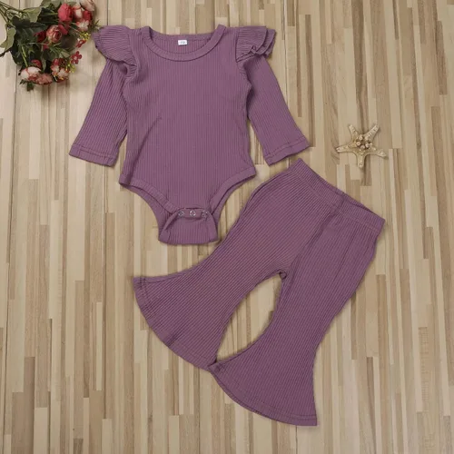Miniatura 2 de Ropa para bebé y niña, acanalado, con volantes, manga larga, mameluco, pantalones acampanados, color sólido, otoño, invierno, trajes de 2 piezas