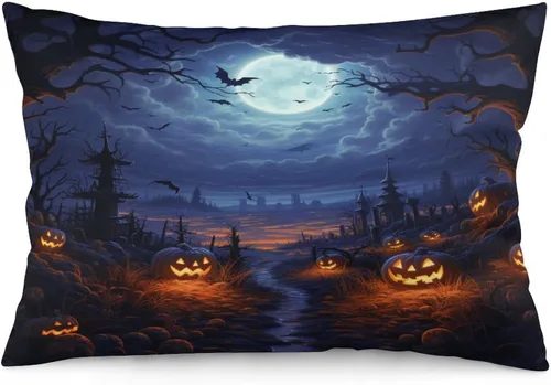 Miniatura 21 de Fundas de almohada frescas de casa embrujada, castillo, luna, bosque medieval, calabaza, fundas de almohada rectangulares con cremallera invisible