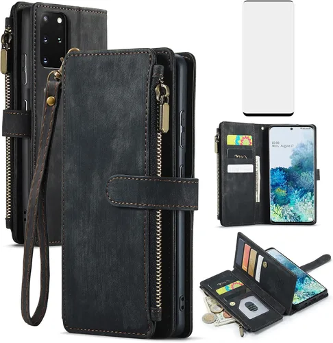 Asuwish Funda de teléfono para Samsung Galaxy S20 Plus Glaxay S20+ 5G Funda tipo cartera y protector de pantalla de vidrio templado, soporte para