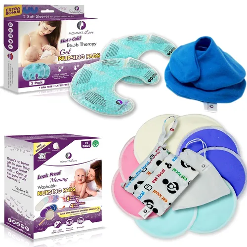 Kit básico de lactancia materna: almohadillas de lactancia de gel para terapia de senos fríos y calientes + almohadillas de lactancia orgánicas