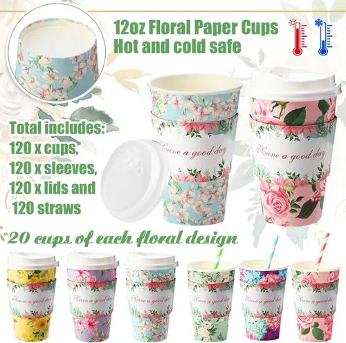 Miniatura 3 de Jingmore Juego de 120 tazas de café de papel desechables de 16 onzas con tapas, fundas para pajitas, vasos de papel para bebidas frías calientes