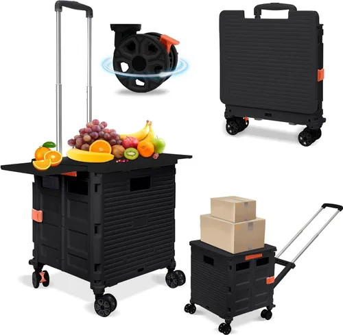 Miniatura 43 de FELICON SELORSS Carro de Utilidad Plegable Carro de Mano Plegable con Mango Telescópico de Plástico Resistente Cesta Plegable de 4 Ruedas Giratorias