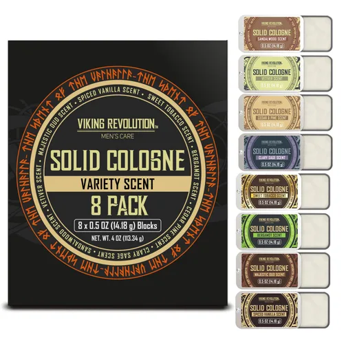Viking Revolution Paquete de 8 colonia sólida para hombres, juego de regalo de colonia para hombre, incluye sándalo, vetiver, tabaco dulce, salvia