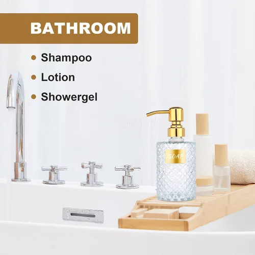 Miniatura 4 de MOCLIF Dispensador de vidrio de diamante de 12 onzas con dispensador de baño de acero inoxidable 304 dorado para cocina, jabón de manos, jabón