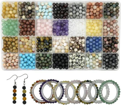 Miniatura 10 de 252 piezas de cuentas de piedra redondas naturales de 0.31 pulgadas, cuentas de piedras preciosas sueltas, tamaño del agujero de 0.039 pulgadas
