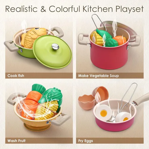Miniatura 4 de Golray Juego de accesorios de cocina, juego de cocina para niños con ollas y sartenes, utensilios de cocina, juguetes, organizador, juego de comida