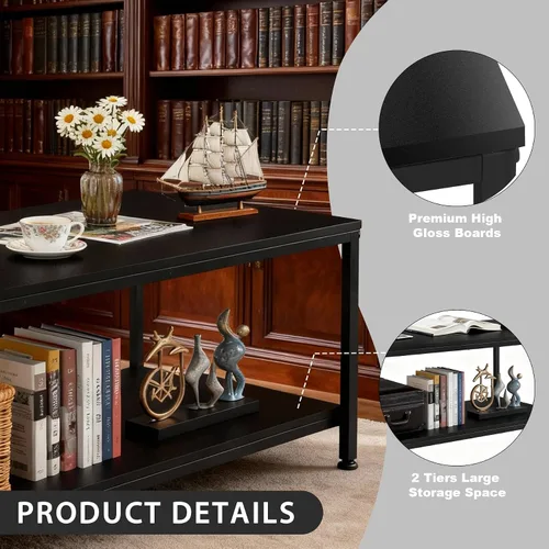 Miniatura 5 de SUPER DEAL - Mesa de café industrial de 2 niveles con estante de almacenamiento para apartamento pequeño, sala de estar, mesa auxiliar rectangular