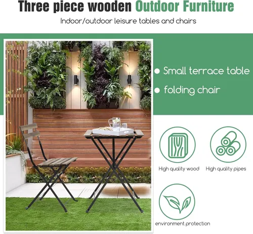 Miniatura 5 de PayLessHere Juego de 3 piezas de muebles de exterior, 2 sillas plegables y marcos de acero y madera resistente a la intemperie, diseño portátil