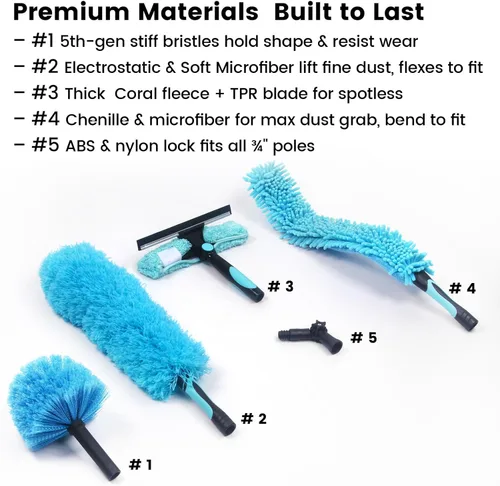 Miniatura 2 de Kit de plumero para ventilador de techo, plumero de plumas de telaraña 5 en 1 y cabezales de escobilla de goma - Microfibra lavable y flexible - Se