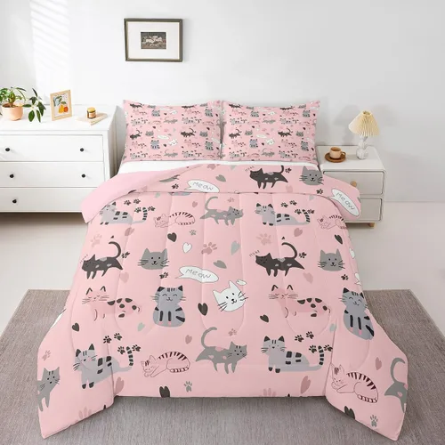 Miniatura 35 de Erosebridal Lindo juego de edredón de gato, tamaño individual, kawaii, fresa, juego de ropa de cama para niñas, diseño de arco iris, edredón rosa