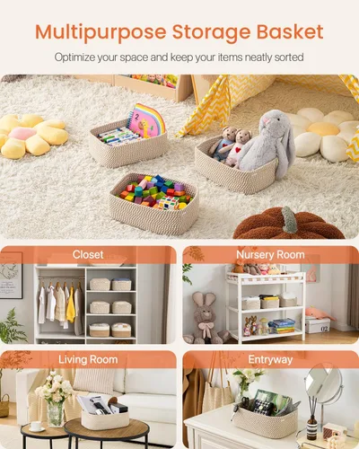 Miniatura 3 de Cesta tejida pequeña, 12 x 8 x 4.5 pulgadas, cesta de almacenamiento para organizar, bonita canasta de cuerda pequeña, para armario, cubos de Marrón