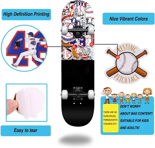 Miniatura 5 de JOICEE 50 calcomanías de béisbol, tatuajes de béisbol de vinilo impermeables para niños, adolescentes, niños y adultos, calcomanías deportivas