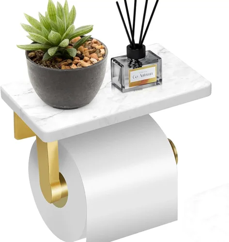 Soporte de papel higiénico dorado cepillado con estante de mármol, soporte de papel higiénico montado en la pared de acero inoxidable 304, soporte