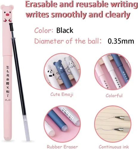 Miniatura 4 de 4 bolígrafos de gel borrables de 0.014 in + 5 repuestos de repuesto, lindos bolígrafos de gel de dibujos animados kawaii, gato, cerdo, oso, panda