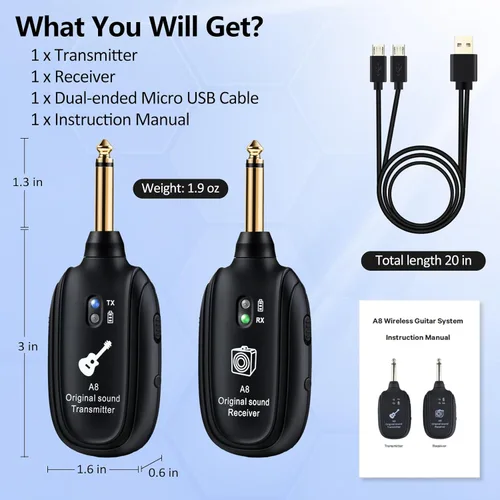 Miniatura 8 de Sistema de guitarra inalámbrico A8 UHF, 2 modos, batería recargable de litio, rango de 100 pies, Plug & Play para guitarra, bajo, violín, teclado