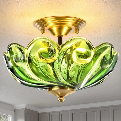 Lámpara de techo moderna semiempotrada, 3 luces doradas para cerca del techo con pantalla de vidrio verde para sala de estar, entrada, dormitorio