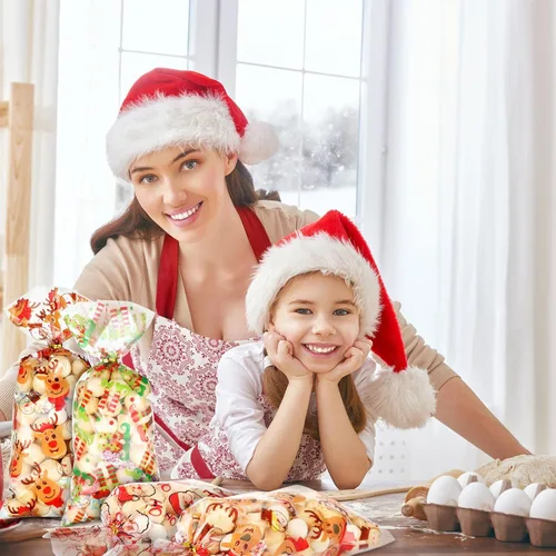 Miniatura 6 de Blulu 180 bolsas de fiesta de Navidad, bolsas de plástico de celofán de Papá Noel con 200 lazos dorados y plateados para vacaciones, fiestas