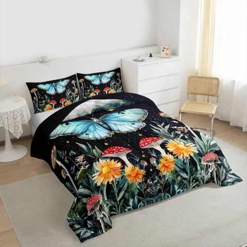 Miniatura 4 de Erosebridal Juego de edredón de mariposa azul para niñas y mujeres, juego de ropa de cama de fase lunar, tamaño matrimonial, lindo edredón acolchado