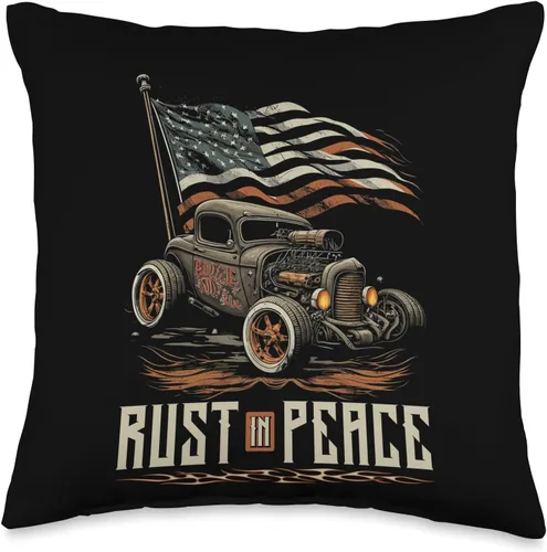 Miniatura 5 de Rat Rod & Hot Rodder Gift for Rust Bucket Car Fans Hot Rusty Car Rust in Peace, almohada patriótica vintage para barra de rata, 18 x 18 pulgadas
