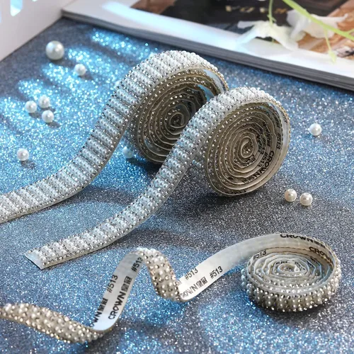 Miniatura 7 de Outus 3 rollos de calcomanías de perlas, cinta autoadhesiva con diamantes de imitación, tiras de cinta de cristal, para manualidades, boda