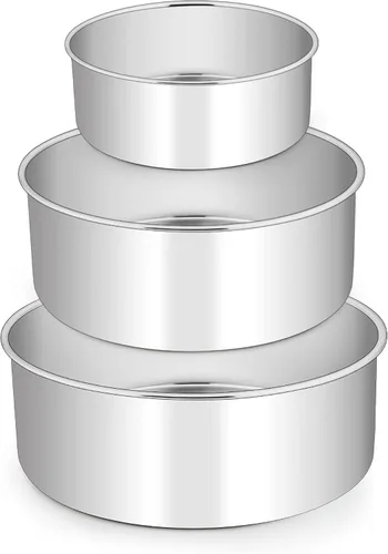 Miniatura 8 de E-far Juego de 3 moldes para pasteles (4, 6 y 8), moldes redondos de acero inoxidable profundo para bodas, cumpleaños, no tóxicos y aptos