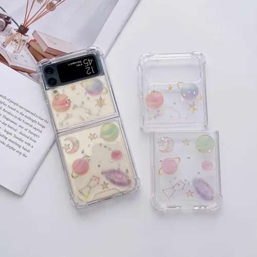 Miniatura 2 de Funda protectora para Galaxy Z Flip 4, suave y transparente de goma flexible, planeta y estrellas espaciales, brillantes, para niñas y mujeres, a