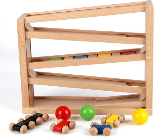 Miniatura 9 de Qilay Juguete de carreras de madera para niños pequeños, juego de rampa de coche de carreras de 5 niveles incluye 4 autos de madera y 3 pelotas