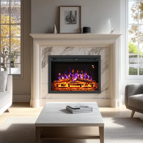 Miniatura 5 de Insertos de chimenea eléctrica de 23 pulgadas, calentador de chimenea eléctrico de pared empotrado y empotrado, llama ajustable y brillo de lecho