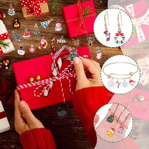 Miniatura 2 de Tudomro - 200 piezas de dijes navideños para hacer joyas y pulseras, Santa Claus, muñecos de nieve, alces, árbol de Navidad, colgante de aleación