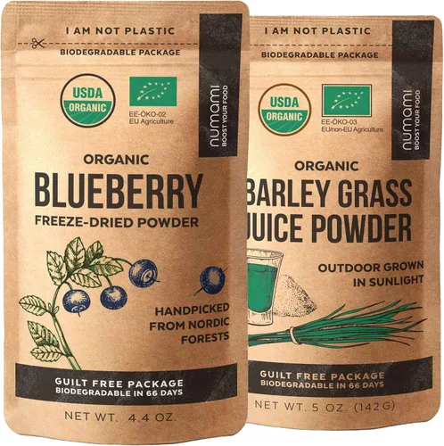 Numami Polvo de jugo de hierba de cebada y arándanos silvestres en polvo para tu batido de desintoxicación perfecto, calidad premium y certificado