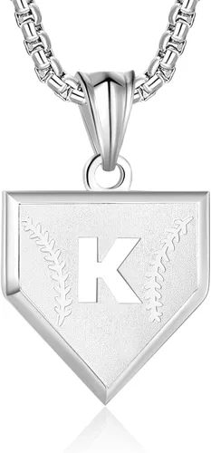 Miniatura 28 de Collar con inicial de la A a la Z para niños, de acero inoxidable, con dije de escudo de letra, cadena de 22 + 2 pulgadas, inspirador de béisbol