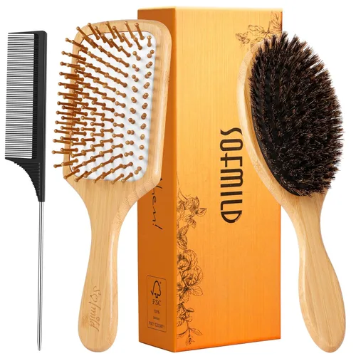 Sofmild Juego de cepillos de pelo de bambú natural para mujeres, hombres y niños, cepillo desenredante para cabello grueso y rizado y húmedo,