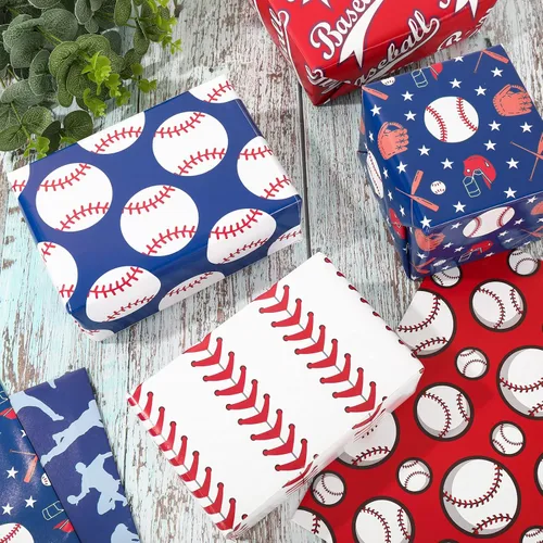 Miniatura 4 de AnyDesign 12 hojas de papel de regalo de béisbol, no enrolladas, papel de regalo deportivo, papel de regalo deportivo, plegado a granel, papel plano