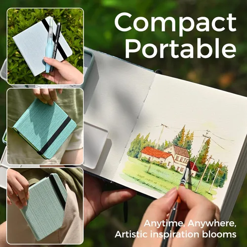 Miniatura 4 de Cuaderno de acuarela Funto, 4.7x4.7, paquete de 2, 24 hojas cada uno, 100% algodón prensado en frío, 300 g/m²/140 lb, suministros de arte para Verde