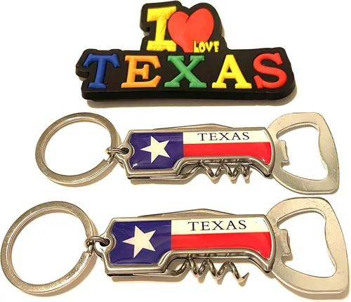 Miniatura 23 de Juego de 2 llaveros de recuerdo de Texas con imán para nevera con texto en inglés "I Love Texas", Diseño de horizonte de Dallas, Mediana