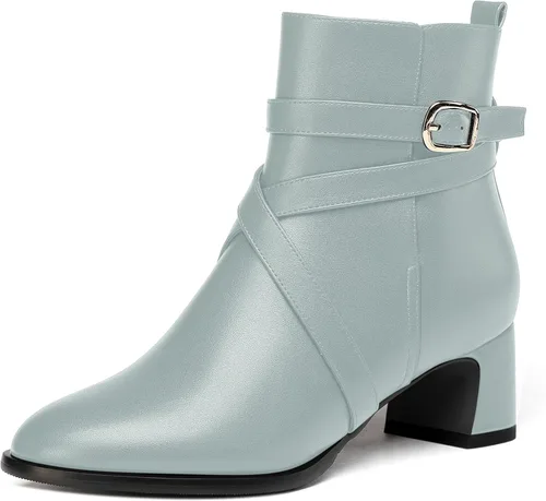 Miniatura 18 de WAYDERNS Botas altas de tobillo con hebilla casual para mujer, con correa de tobillo sólida mate, tacón bajo y grueso, 2 pulgadas