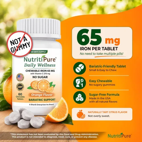 Miniatura 2 de Hierro carbonílico masticable de 65 mg con 270 mg de vitamina C – Tableta Bariátrica (no gomosa), sabor a naranja sin azúcar – Suplemento de hierro