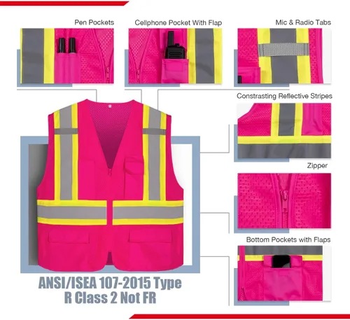 Miniatura 3 de KAYGO Chaleco de seguridad con bolsillos - Chaleco reflectante de alta visibilidad ANSI Clase 2 Chaleco de construcción Rosa