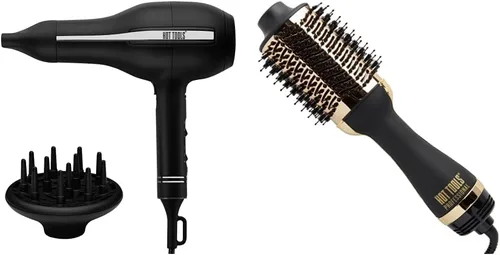 Hot Tools Pro Artist Black Gold - Secador de pelo iónico de 2000 vatios + Hot Tools 24K Gold Secador de pelo y voluminizador de un solo paso