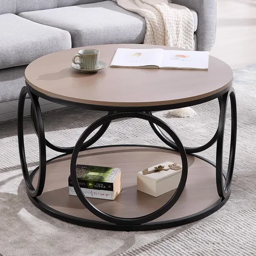 Miniatura 12 de BECHAEO Mesa de centro redonda de 31.5 pulgadas con almacenamiento, mesa de centro vintage de 2 niveles para sala de estar, parte superior de madera