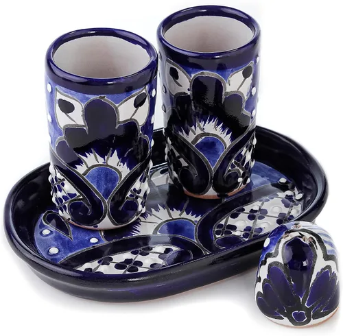 Talavera - Vasos de chupito de tequila con bandeja y salero (juego de 2) - Diseño azul - Juego de regalo auténtico mexicano pintado a mano