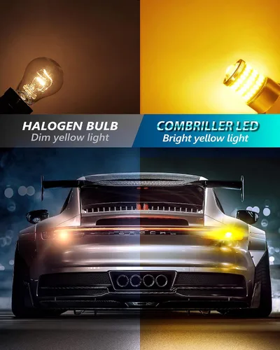 Miniatura 2 de Combriller 3157 - Bombilla LED color amarillo ámbar 3056 3156 3057 4157, lámpara de repuesto led para luz de señal de giro/freno/luces traseras