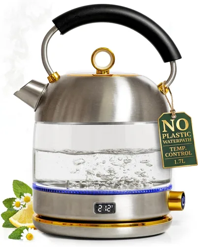 Miniatura 12 de Tetera eléctrica blanca con control de temperatura, caldera de agua caliente rápida de 1500 W y calentador - Hervidor eléctrico blanco y dorado