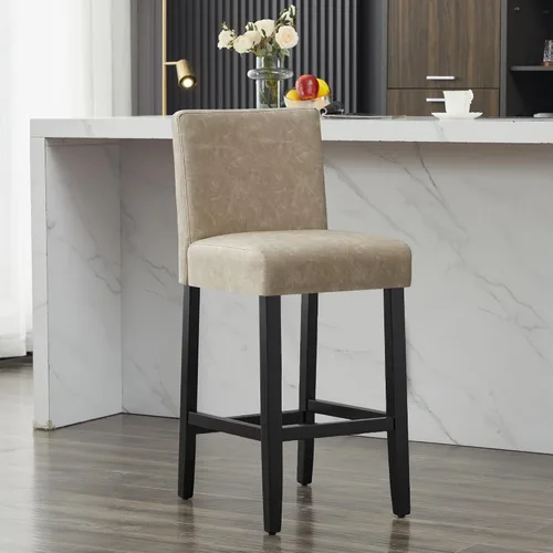 Taburetes de bar de 29 pulgadas, modernos tapizados de piel sintética con altura de encimera con patas y respaldo de madera maciza para isla de